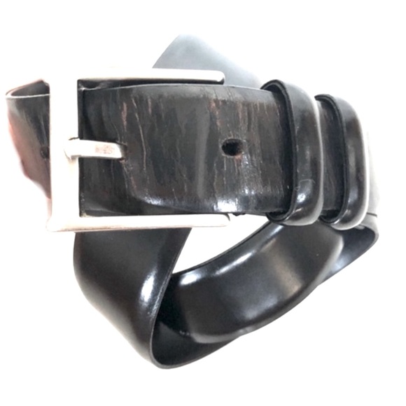 Donna Karan Black Leather Belt with Silver Buckle